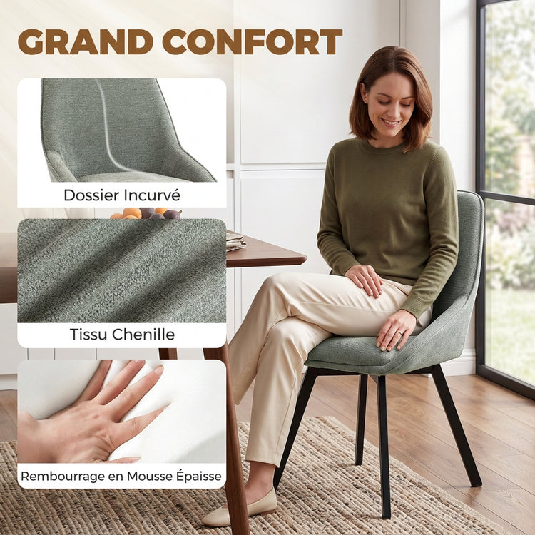 Lot de 2 Chaises de Salle à Manger Pivotantes à 360°, Chaises Cuisine Rembourrée en Chenille, Dossier Incurvé, Vert