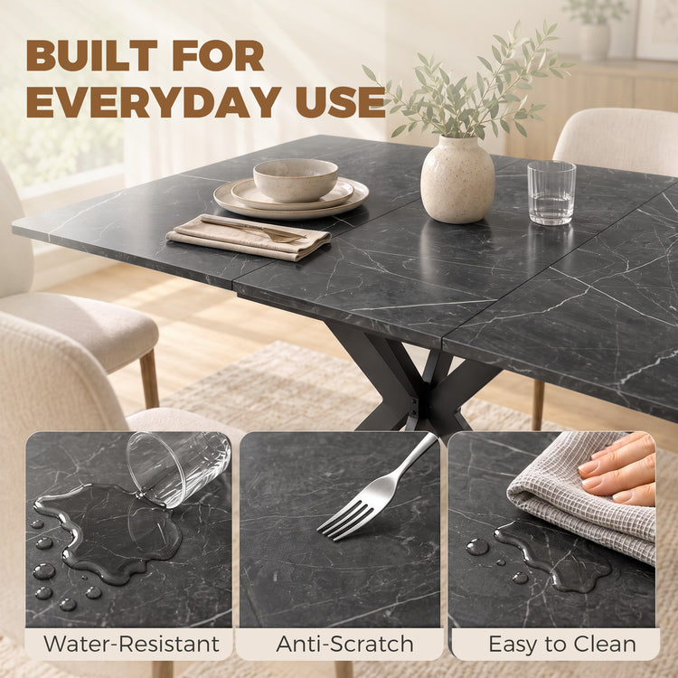 Table à Manger Extensible pour 4 à 8 Personnes, 120-160 cm, Plateau Effet Marbre, Pieds Croisés en Acier, Noir