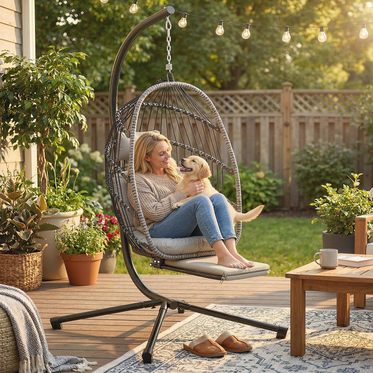 Fauteuil suspendu avec support, chaise suspendue pliante avec repose-pieds rétractable, gris clair