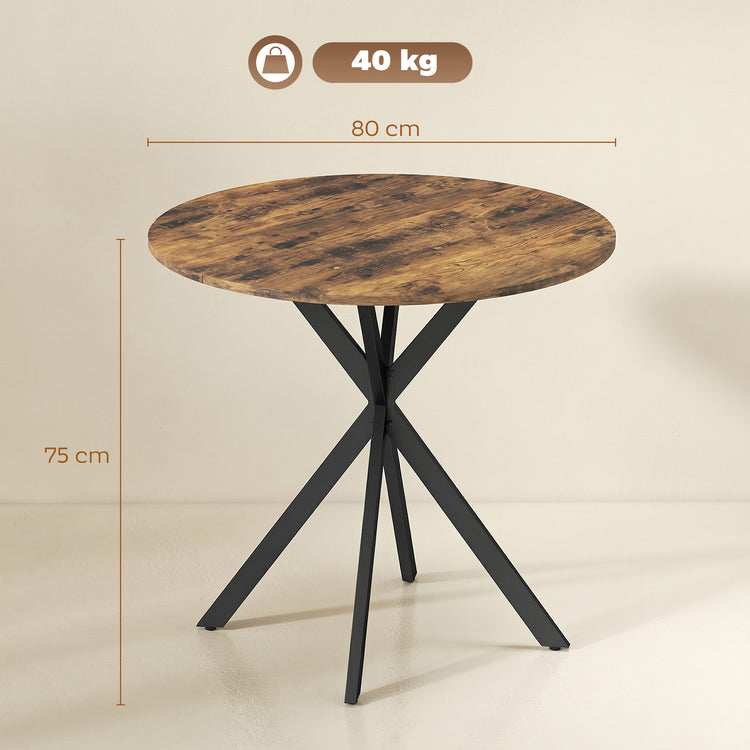 Table à Manger Ronde pour 2 Personnes avec Plateau Aspect Bois et Piètement Croisé en Acier, Brun Rustique