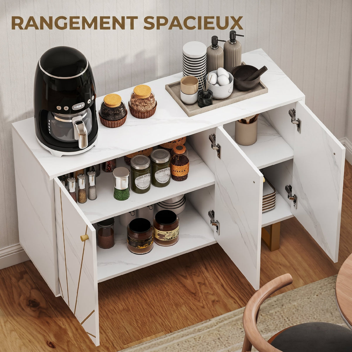 Meuble de rangement buffet salon avec 2 placards 3 portes et étagère réglable, pieds en métal, aspect marbre blanc