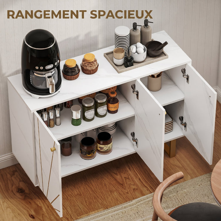 Meuble de rangement buffet salon avec 2 placards 3 portes et étagère réglable, pieds en métal, aspect marbre blanc