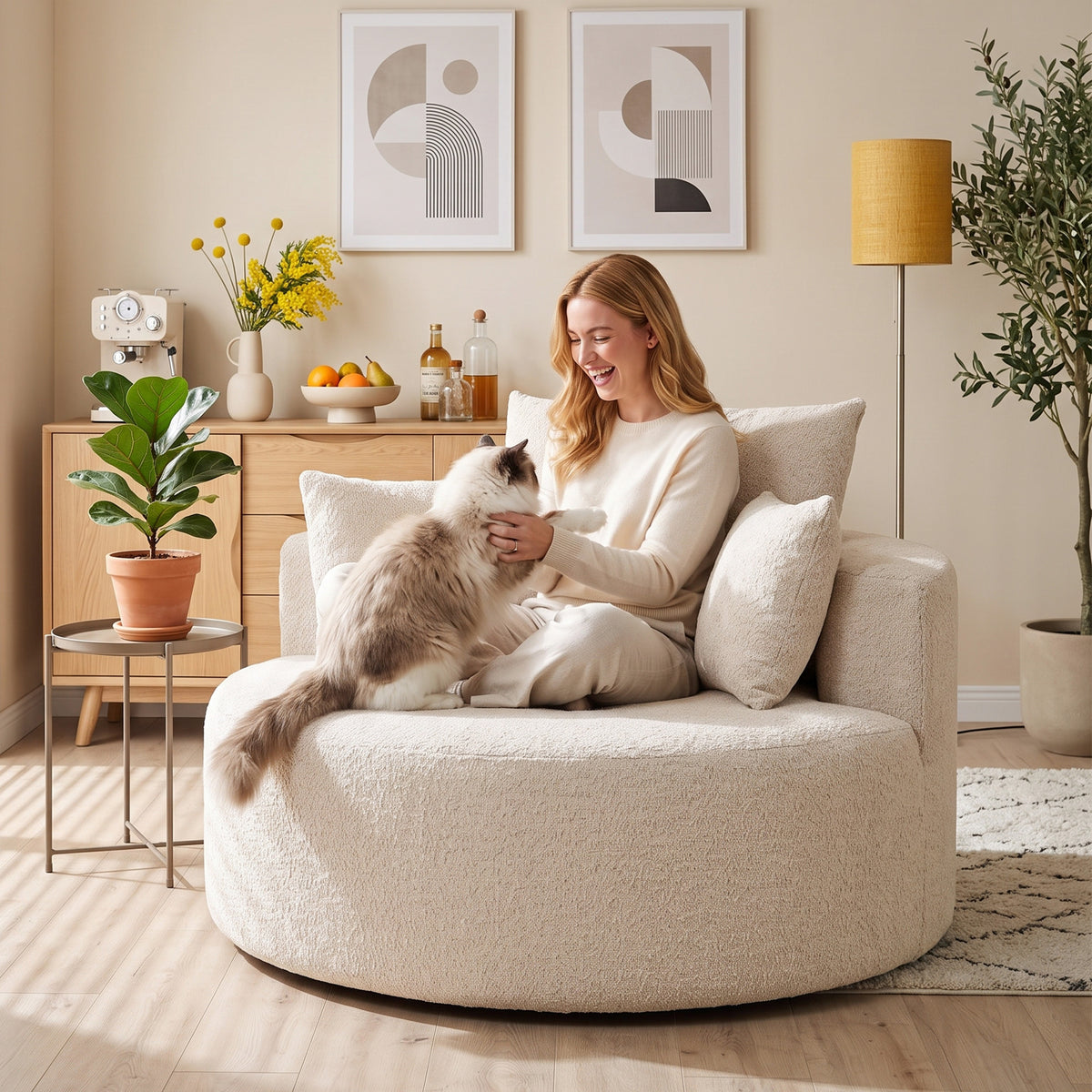Pouf-canapé rond en chenille crème – 130 cm