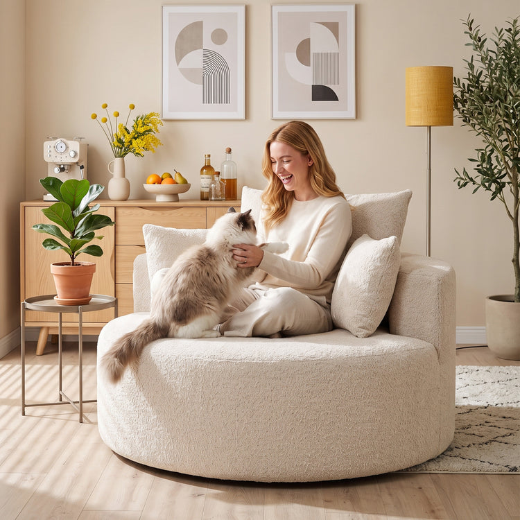 Pouf-canapé rond en chenille crème – 130 cm