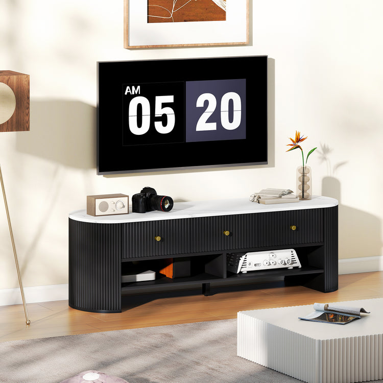 Meuble TV 140 cm, meuble télé pour téléviseur 65 pouces effet marbre avec 3 tiroirs façades à cannelures 2 étagères noir