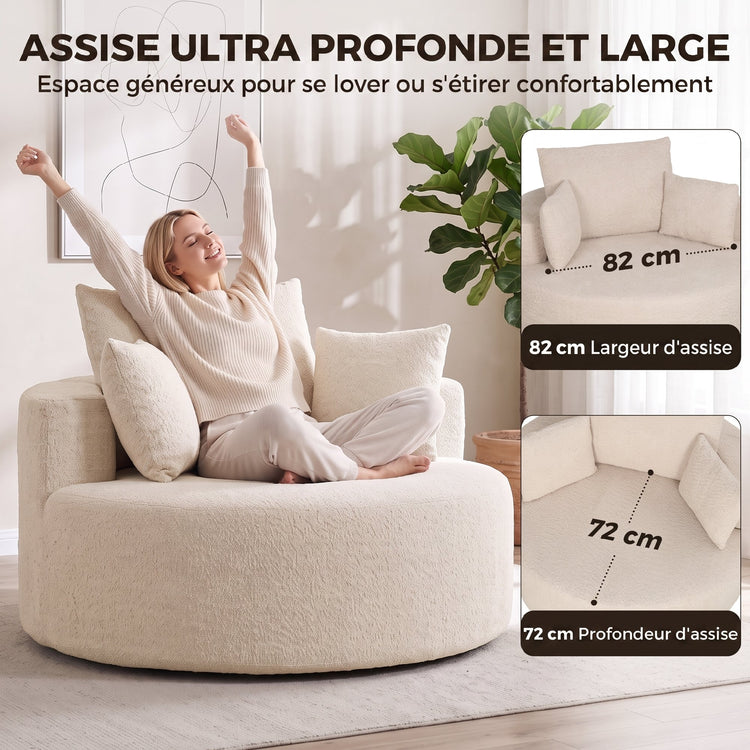 Pouf-canapé rond en chenille crème – 130 cm