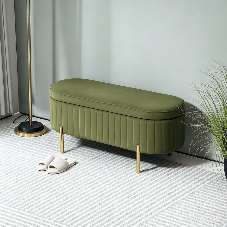 Banc de rangement, bout de lit en velours avec couvercle, pieds en métal, capacité 72 L, 107x42x45,5cm, vert foncé