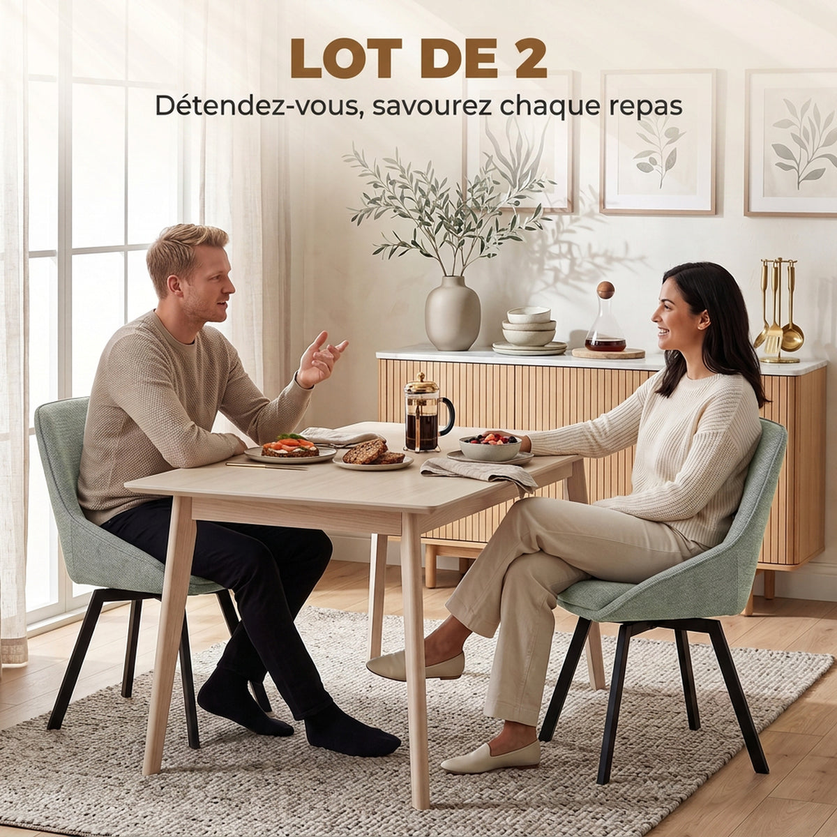 Lot de 2 Chaises de Salle à Manger Pivotantes à 360°, Chaises Cuisine Rembourrée en Chenille, Dossier Incurvé, Vert