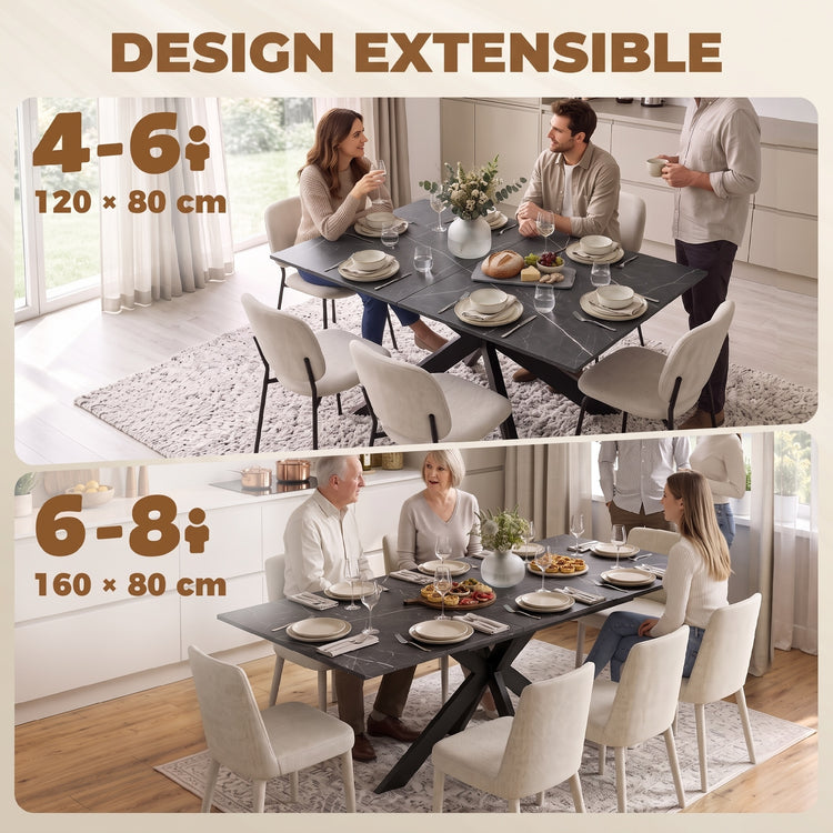 Table à Manger Extensible pour 4 à 8 Personnes, 120-160 cm, Plateau Effet Marbre, Pieds Croisés en Acier, Noir