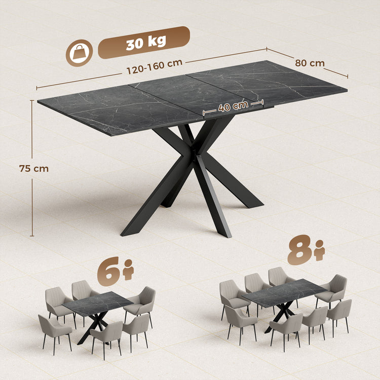 Table à Manger Extensible pour 4 à 8 Personnes, 120-160 cm, Plateau Effet Marbre, Pieds Croisés en Acier, Noir