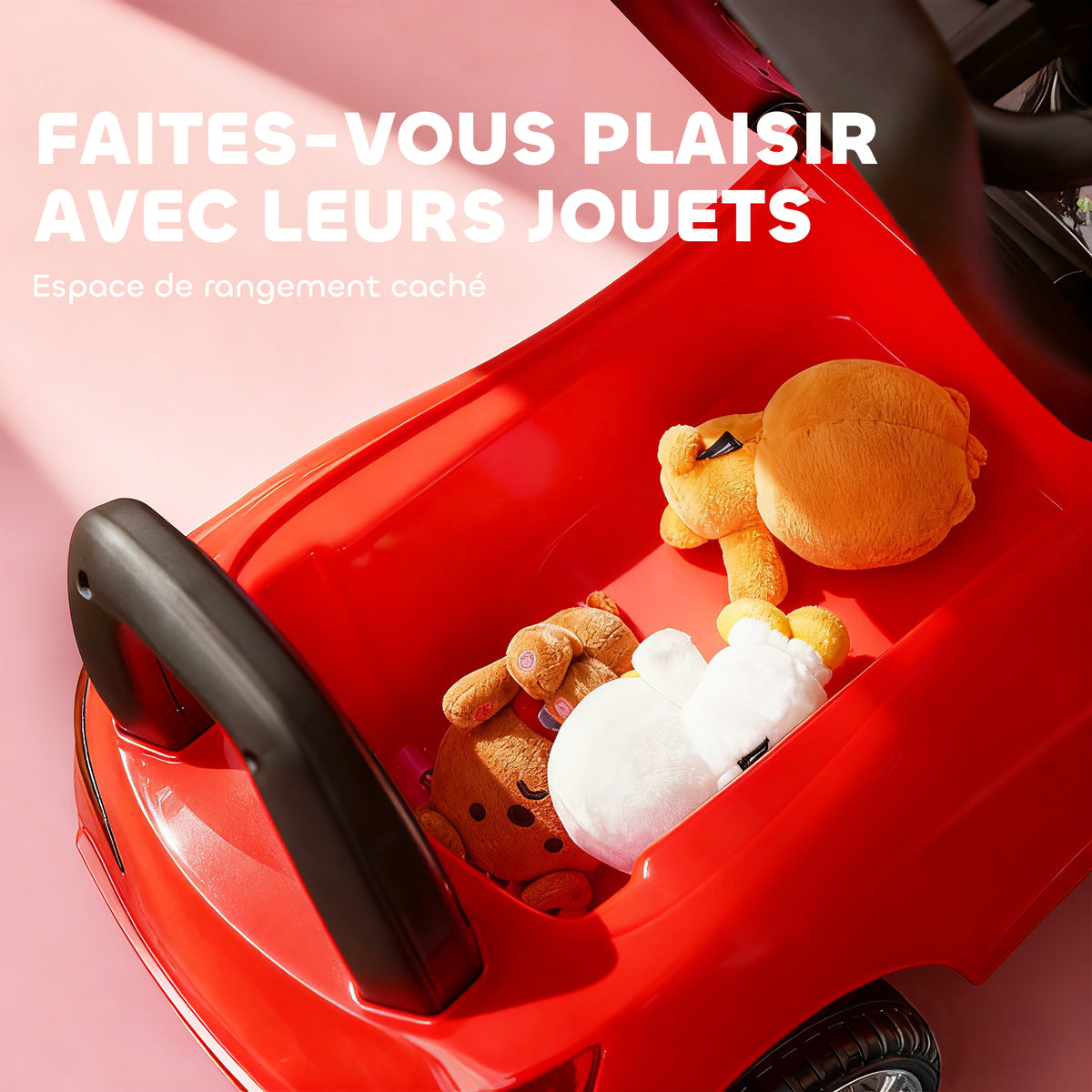 Porteur enfants voiture, véhicule à pousser avec coffre à jouets, klaxon, phares et musique, 63,5 x 28 x 36 cm, rouge
