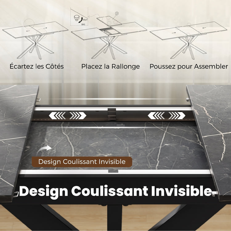Table à Manger Extensible pour 4 à 8 Personnes, 120-160 cm, Plateau Effet Marbre, Pieds Croisés en Acier, Noir