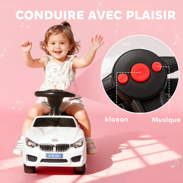 Porteur enfants voiture, véhicule à pousser avec coffre à jouets, klaxon, phares et musique, 63,5 x 28 x 36 cm, blanc