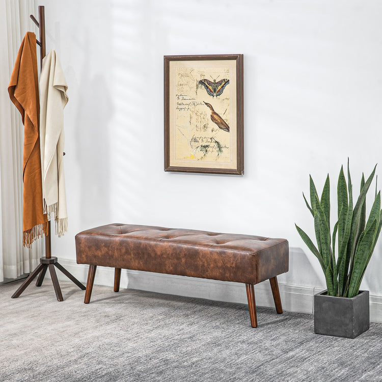 Banc bout de lit banquette capitonnée style vintage 114 x 38 x 42 cm piètement bois revêtement marron effet vieilli