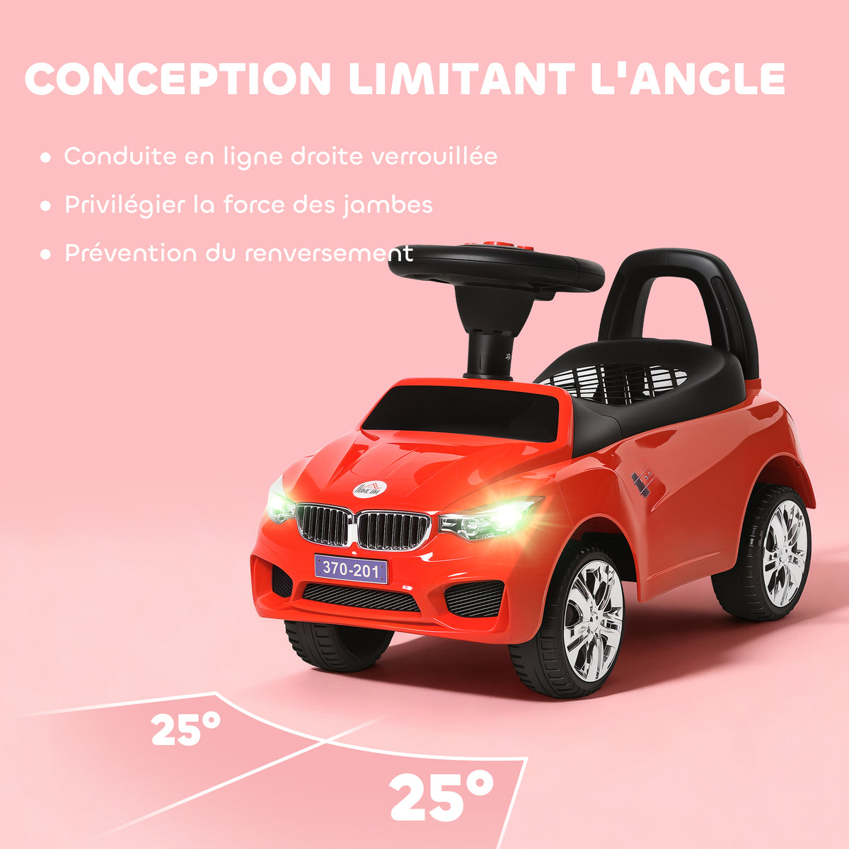 Porteur enfants voiture, véhicule à pousser avec coffre à jouets, klaxon, phares et musique, 63,5 x 28 x 36 cm, rouge