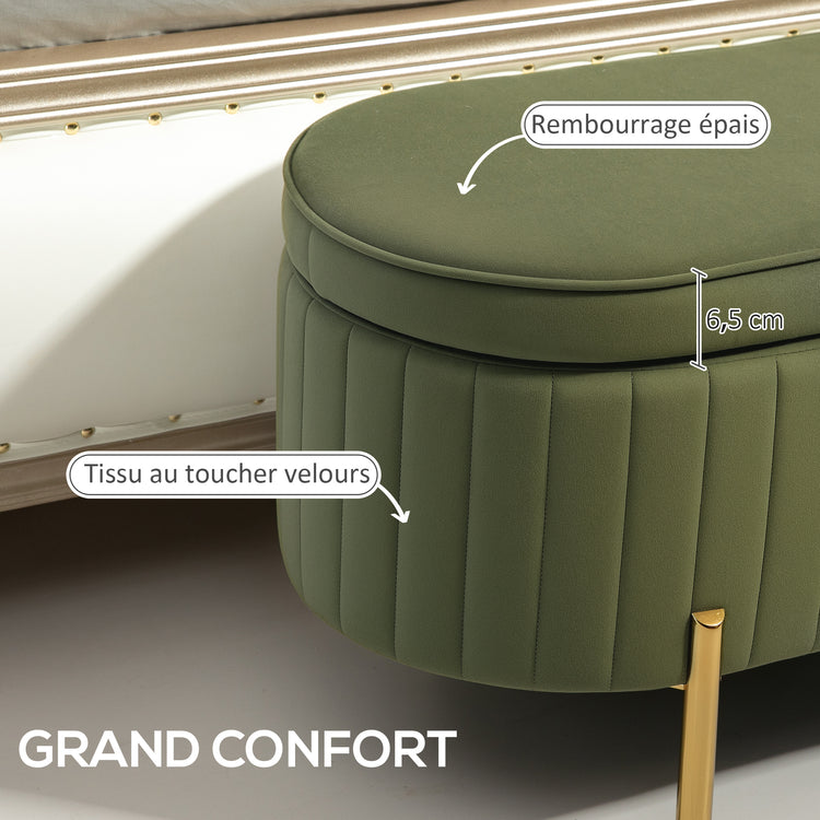 Banc de rangement, bout de lit en velours avec couvercle, pieds en métal, capacité 72 L, 107x42x45,5cm, vert foncé