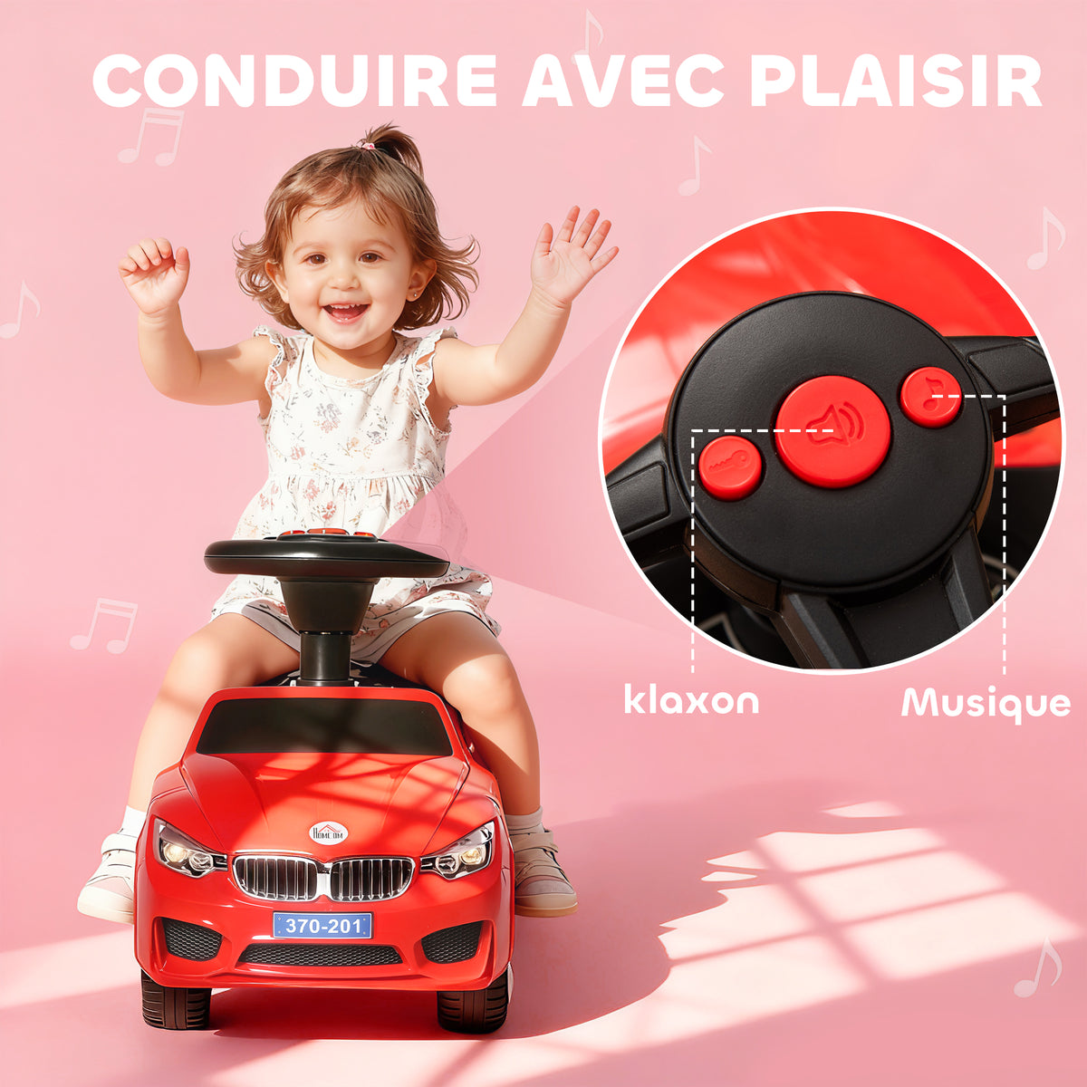 Porteur enfants voiture, véhicule à pousser avec coffre à jouets, klaxon, phares et musique, 63,5 x 28 x 36 cm, rouge