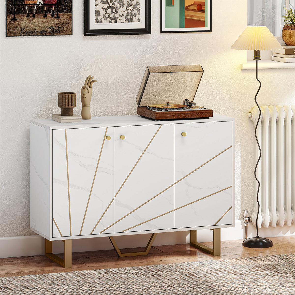 Meuble de rangement buffet salon avec 2 placards 3 portes et étagère réglable, pieds en métal, aspect marbre blanc