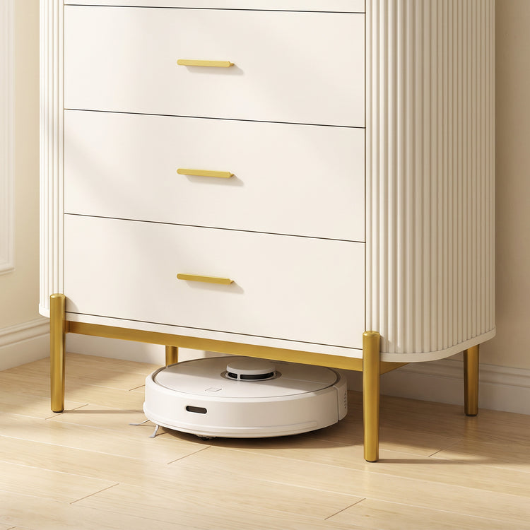 Commode 5 Tiroirs, Meuble de Rangement avec Façades Rainurées et Pieds en Métal, Style Moderne, 90x44x120cm, Gris Clair