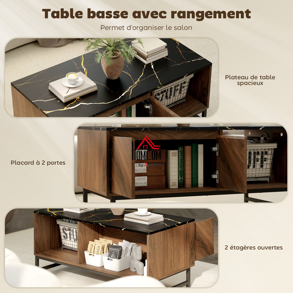 Table basse effet marbre et noyer avec rangements – 100 cm
