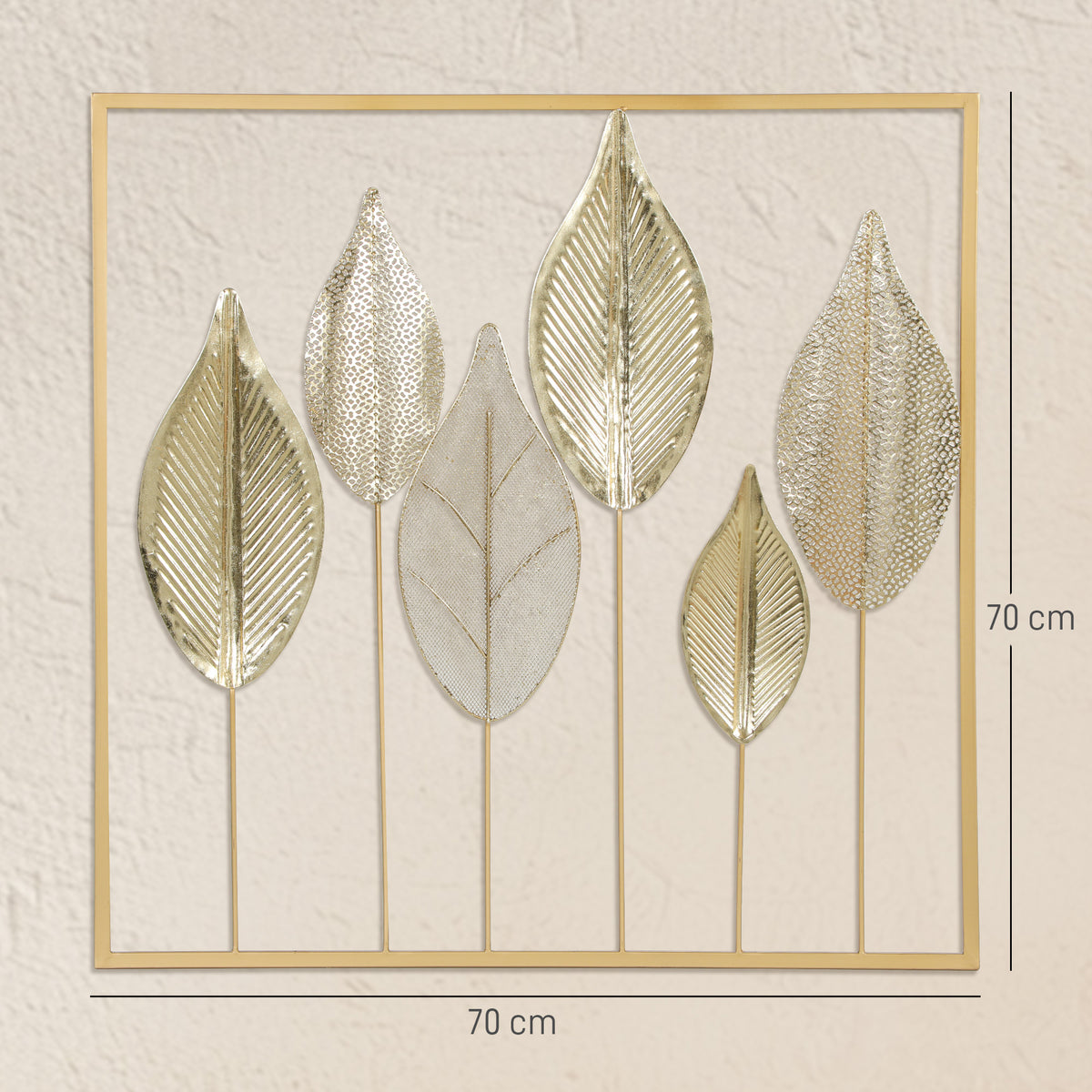 Décoration murale feuille en métal doré – 70 × 70 cm