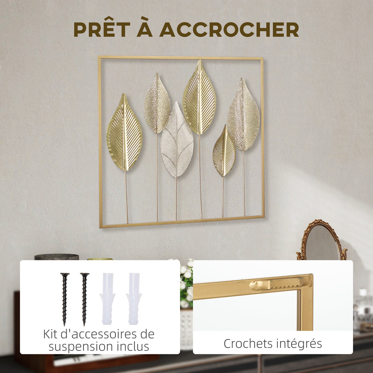 Décoration murale feuille en métal doré – 70 × 70 cm
