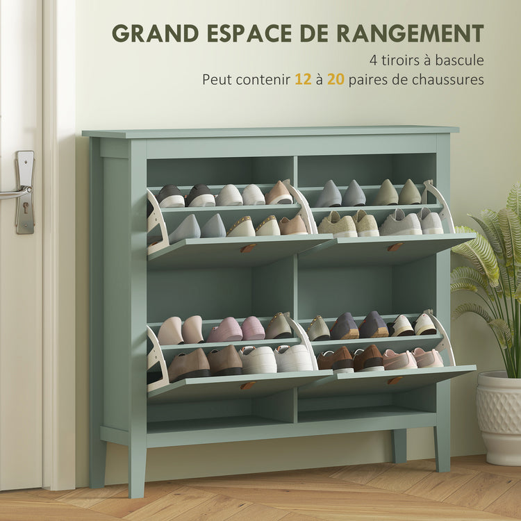 Meuble à chaussures 20 paires, armoire à chaussures avec 4 tiroirs rabattables, étagères amovibles et réglables, vert