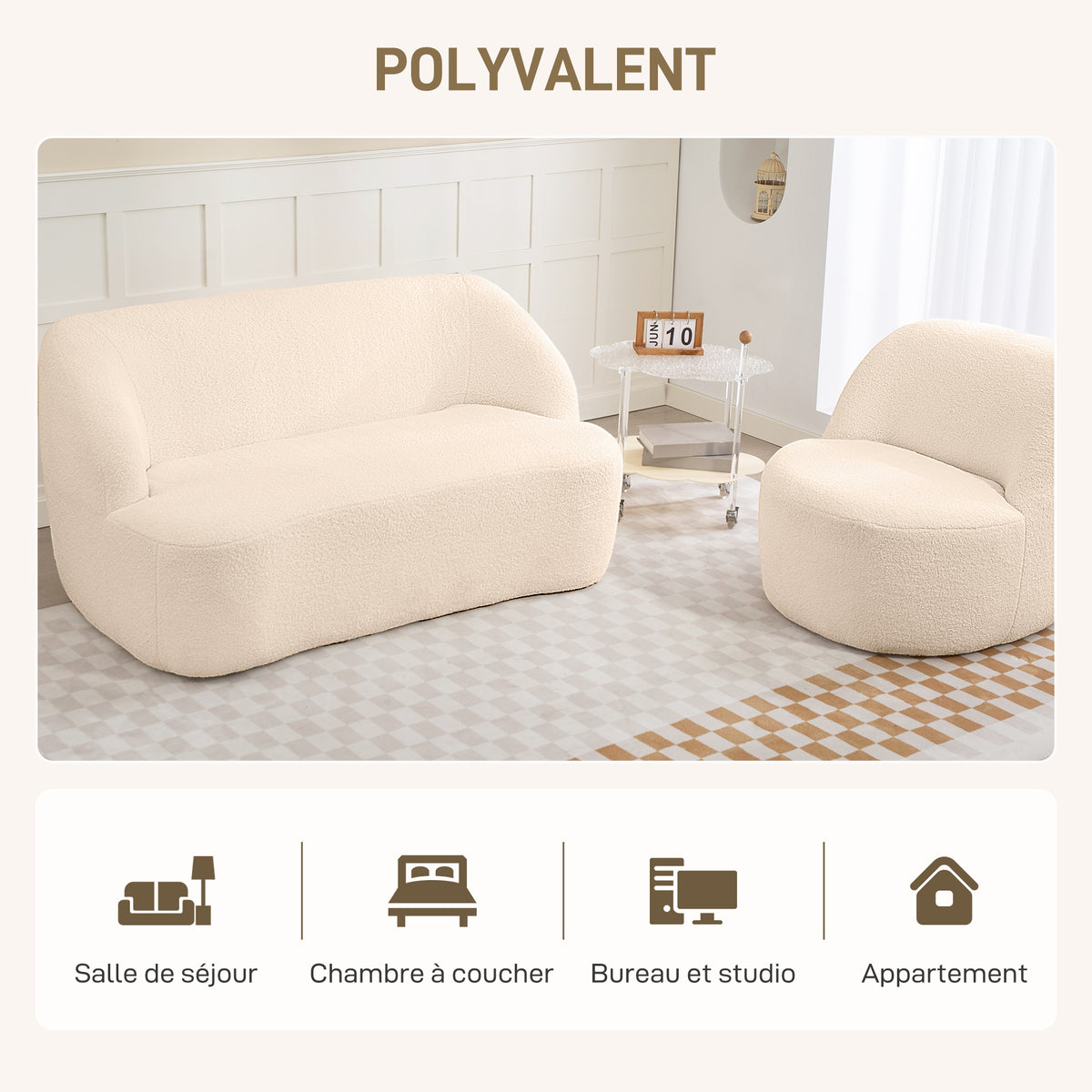 Canapé 2 places en bouclette beige – 142 cm