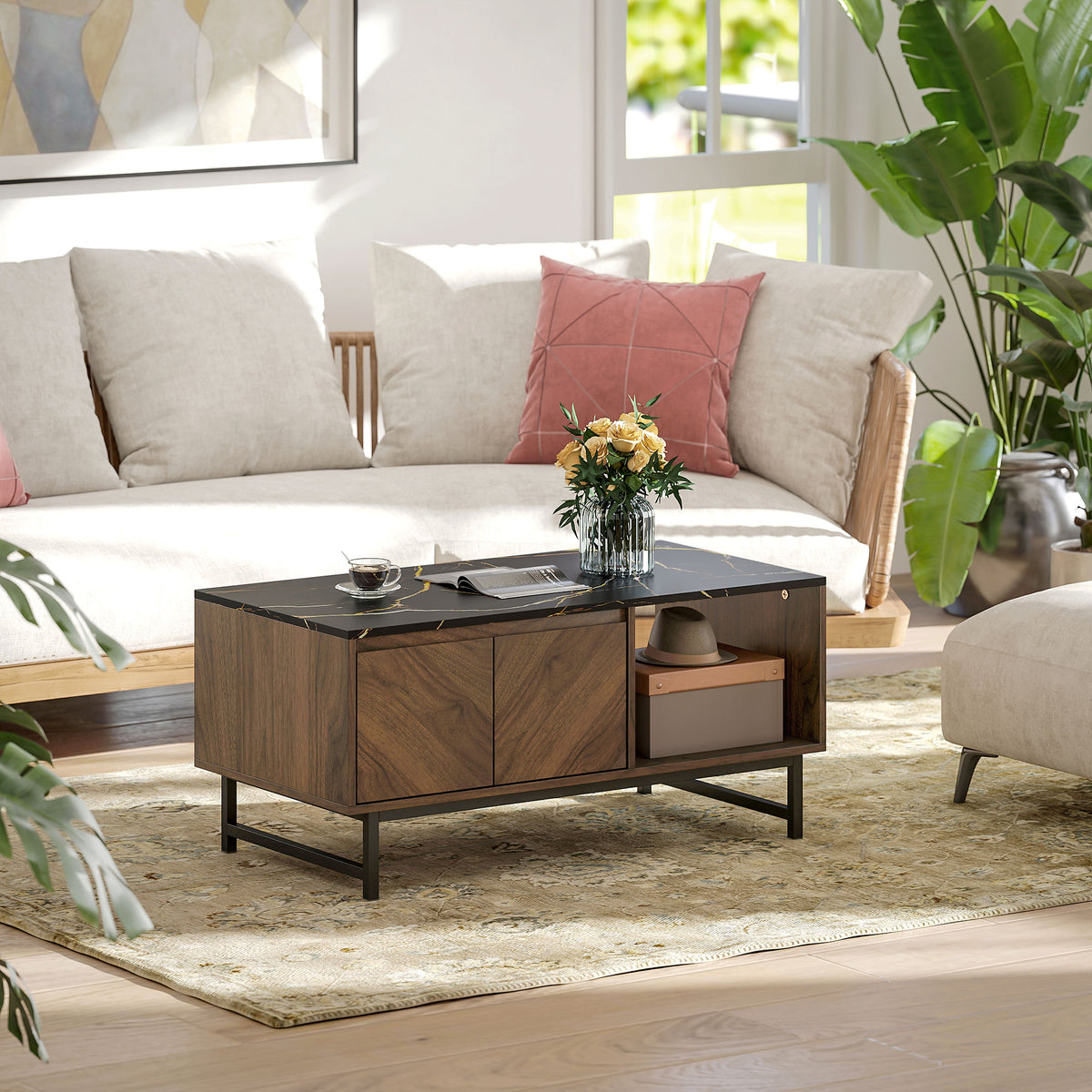Table basse effet marbre et noyer avec rangements – 100 cm