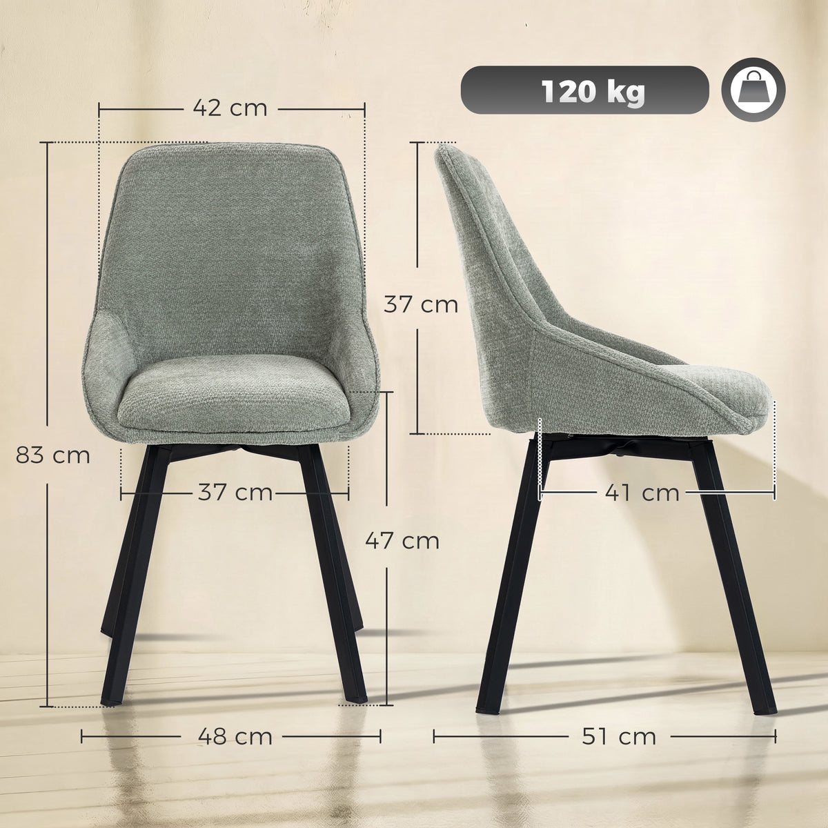 Lot de 2 Chaises de Salle à Manger Pivotantes à 360°, Chaises Cuisine Rembourrée en Chenille, Dossier Incurvé, Vert