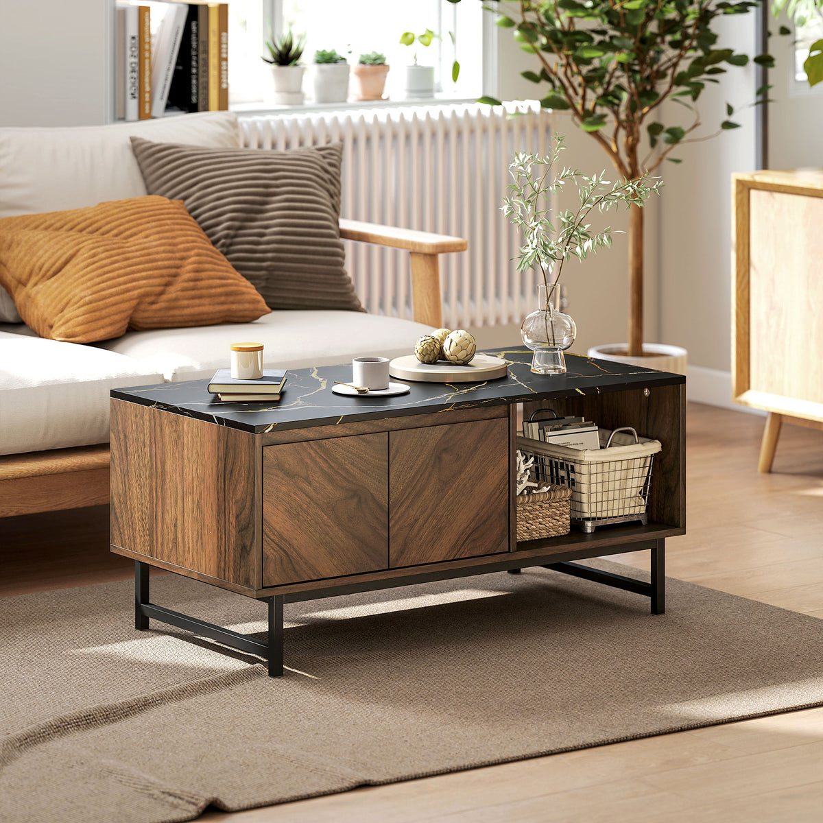 Table basse effet marbre et noyer avec rangements – 100 cm