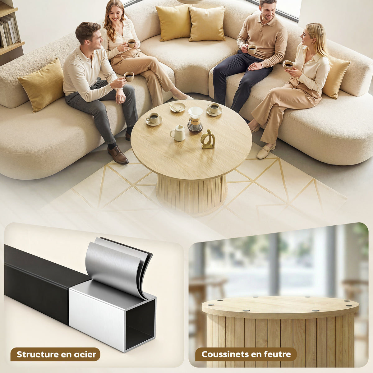 Table basse ronde effet bois naturel avec rangement