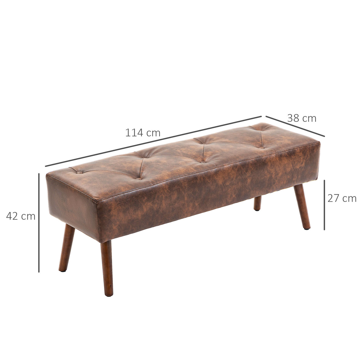 Banc bout de lit banquette capitonnée style vintage 114 x 38 x 42 cm piètement bois revêtement marron effet vieilli