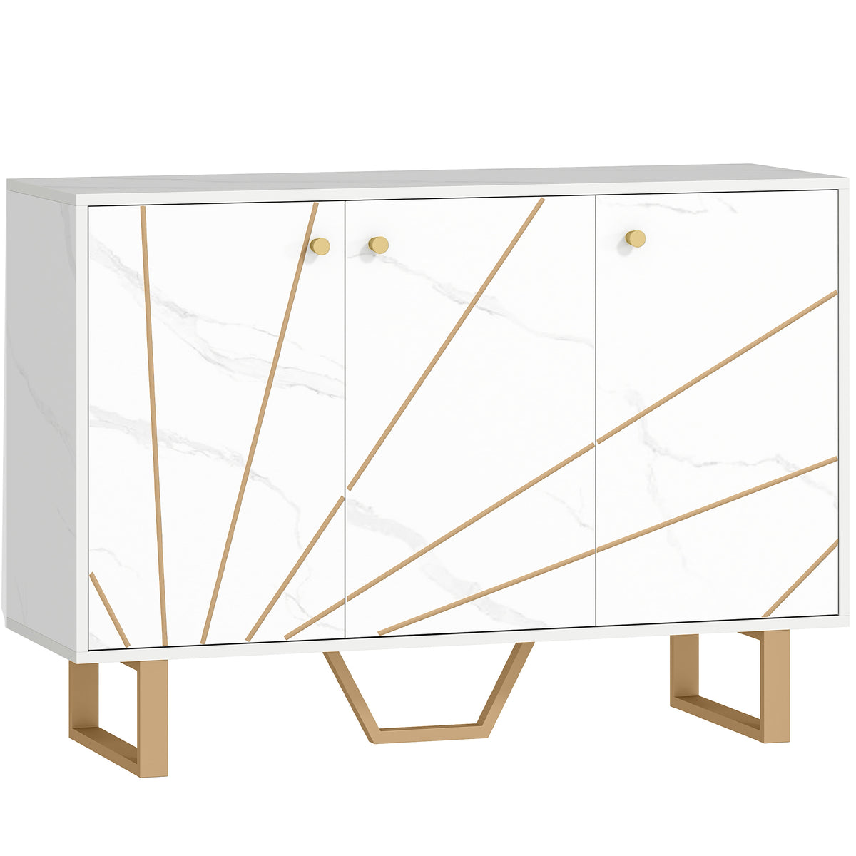 Meuble de rangement buffet salon avec 2 placards 3 portes et étagère réglable, pieds en métal, aspect marbre blanc
