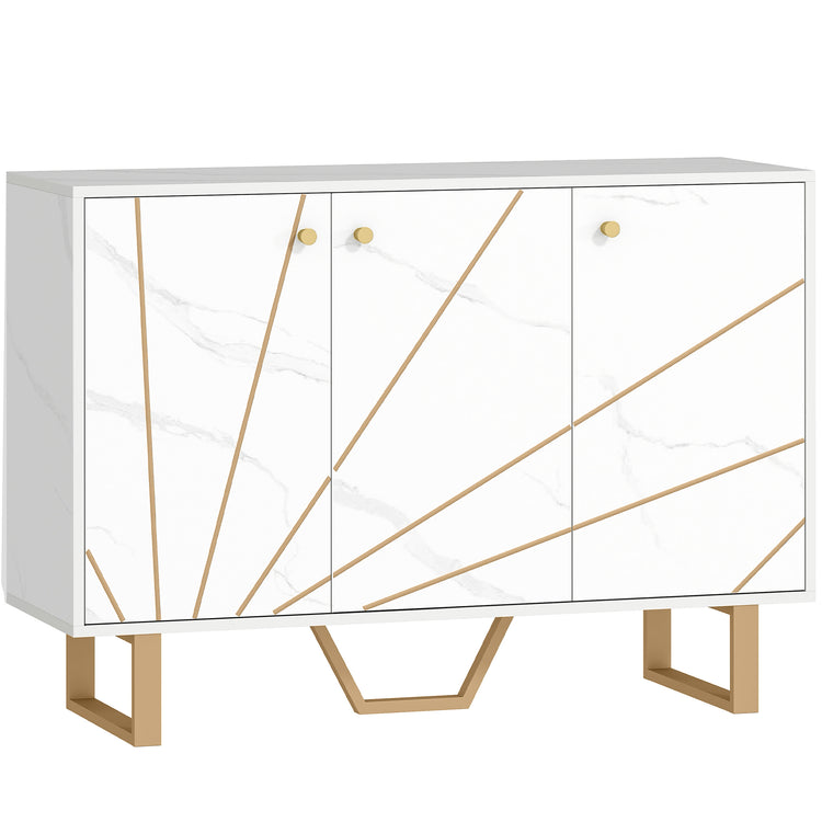 Meuble de rangement buffet salon avec 2 placards 3 portes et étagère réglable, pieds en métal, aspect marbre blanc