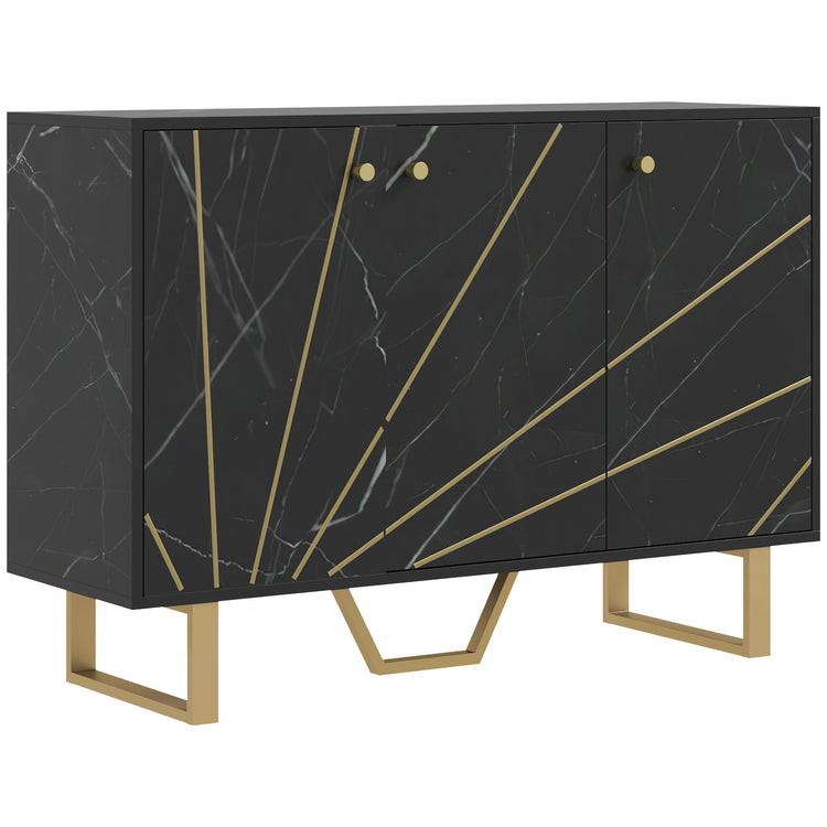 Meuble de rangement buffet salon avec 2 placards 3 portes et étagère réglable, pieds en métal, aspect marbre noir