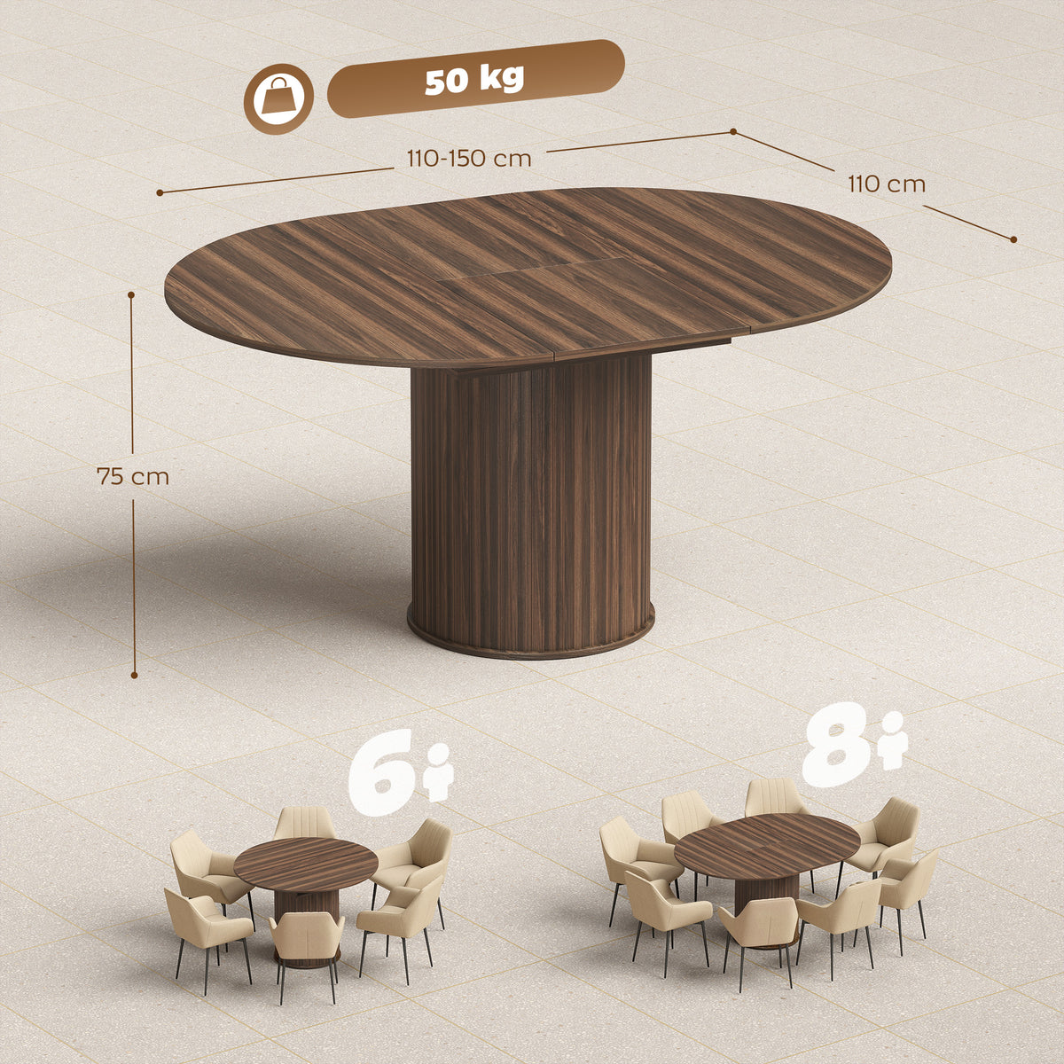 Table à Manger Extensible pour 6 à 8 Personnes, 110-150 cm,Noyer