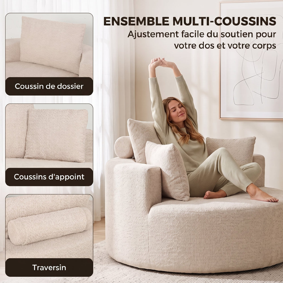 Pouf-canapé rond en chenille crème – 130 cm