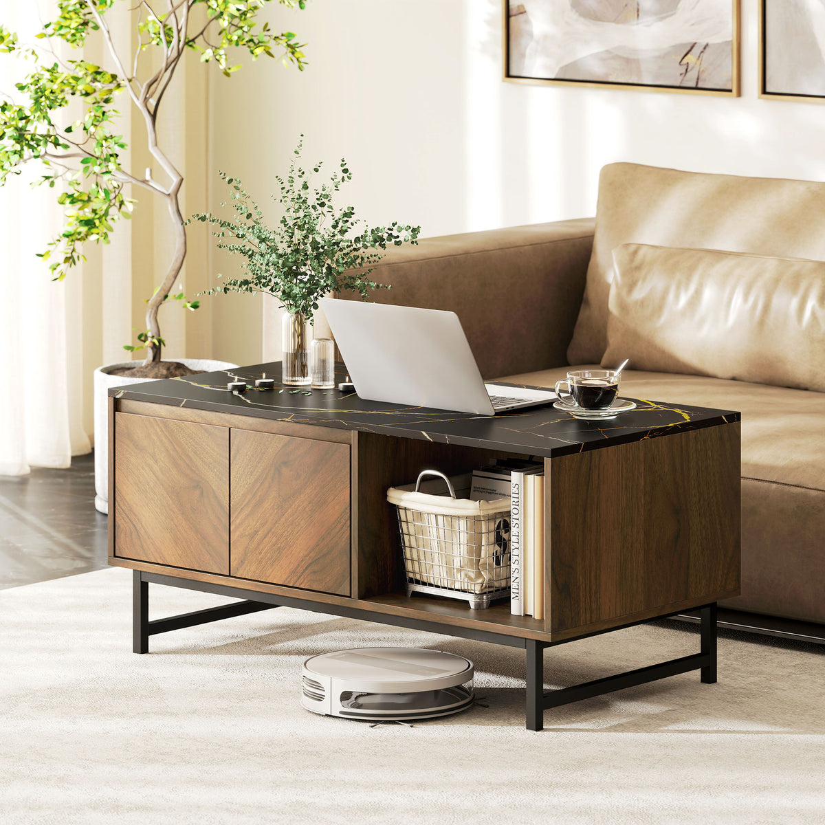 Table basse effet marbre et noyer avec rangements – 100 cm