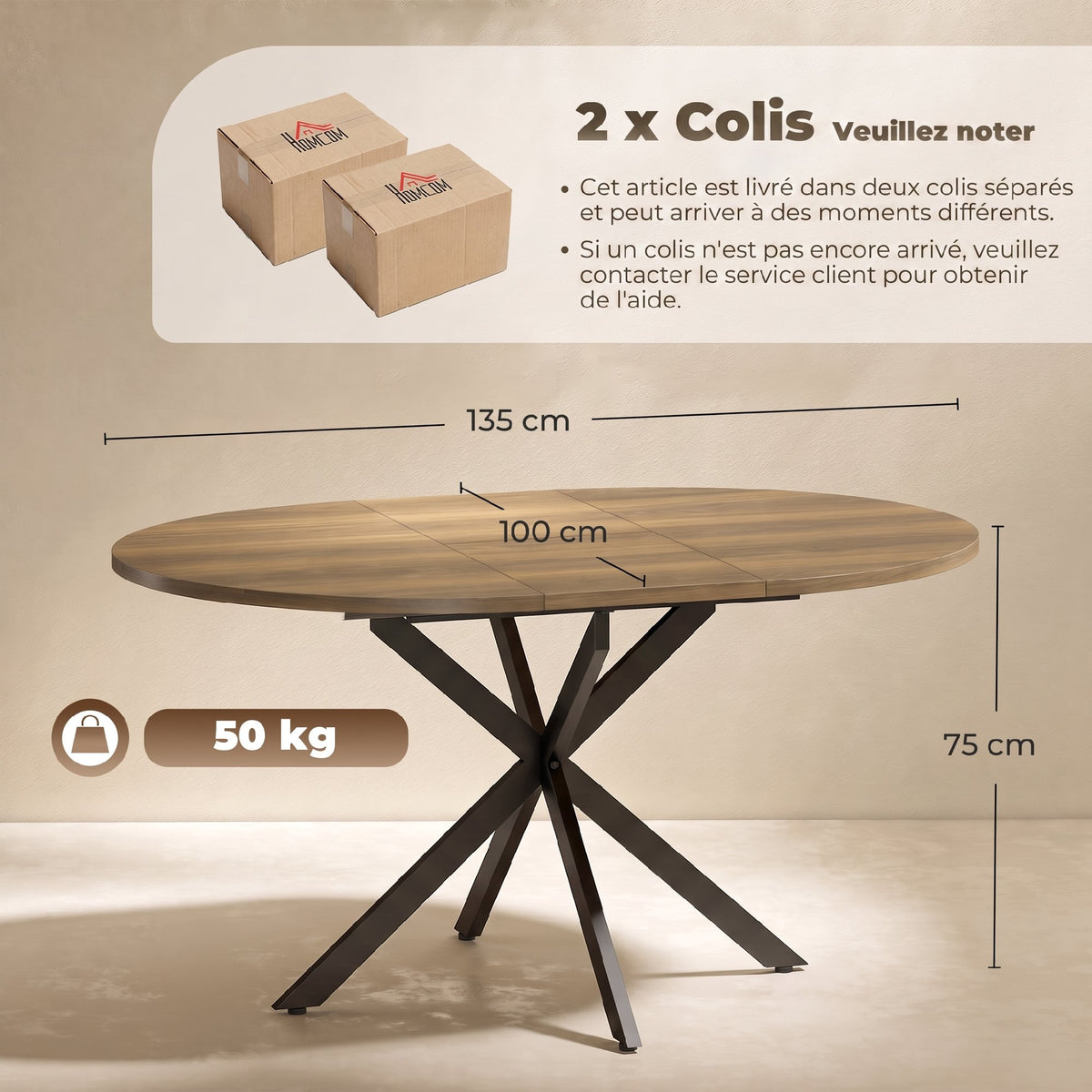 Table à manger extensible ovale pour 4 à 6 personnes, 100-135 cm, effet bois marron