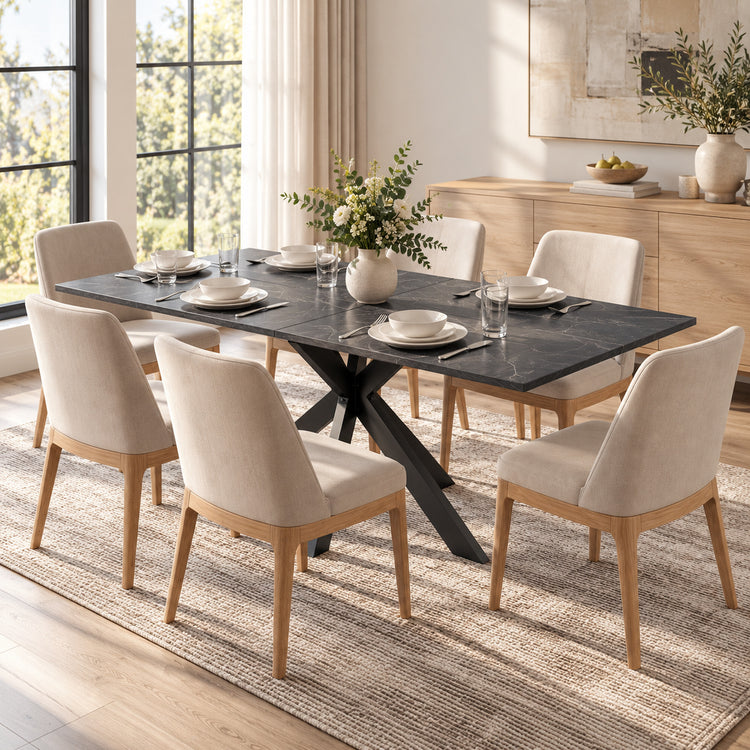 Table à Manger Extensible pour 4 à 8 Personnes, 120-160 cm, Plateau Effet Marbre, Pieds Croisés en Acier, Noir