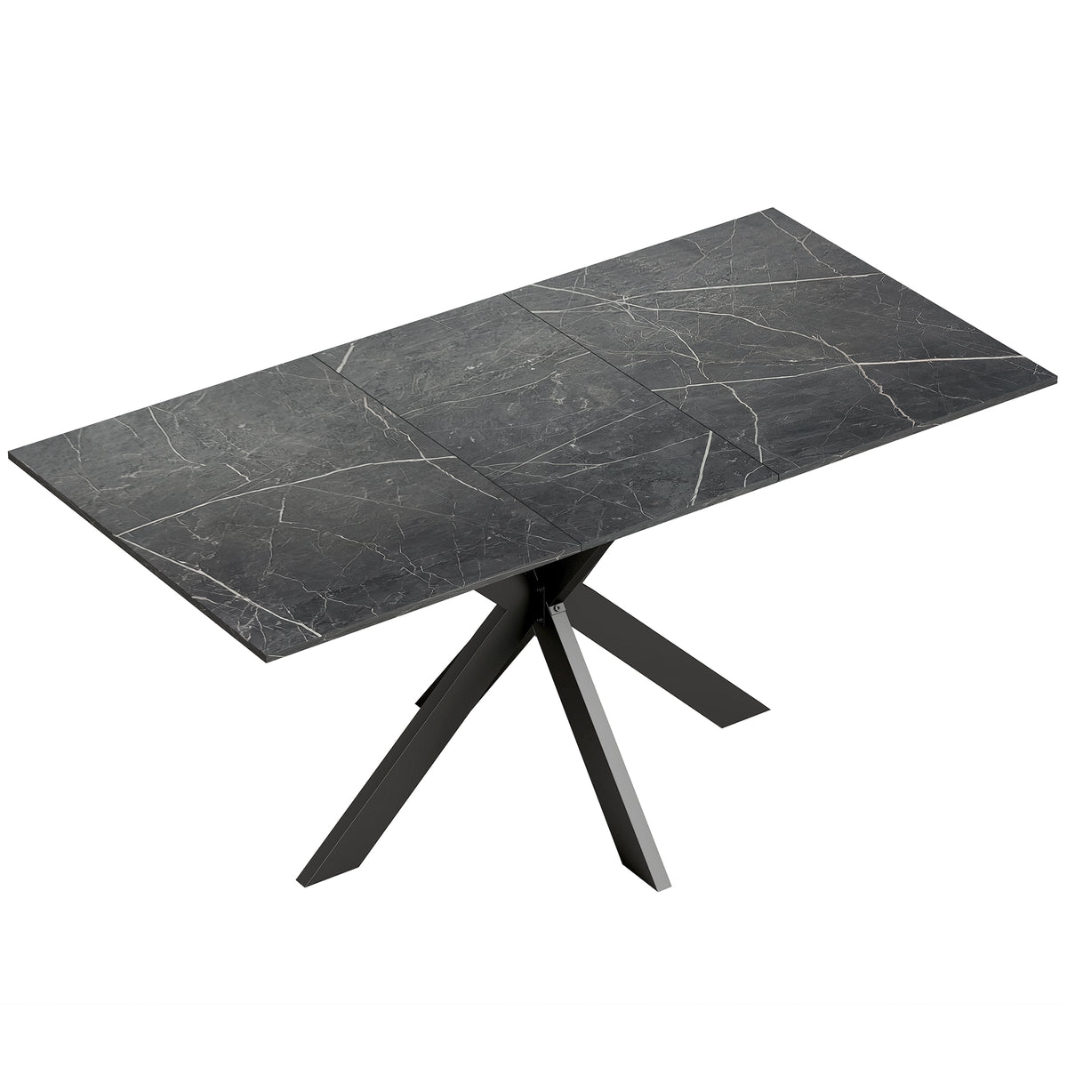 Table à Manger Extensible pour 4 à 8 Personnes, 120-160 cm, Plateau Effet Marbre, Pieds Croisés en Acier, Noir
