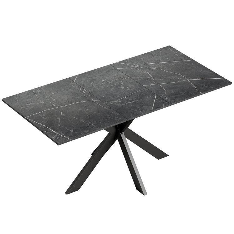 Table à Manger Extensible pour 4 à 8 Personnes, 120-160 cm, Plateau Effet Marbre, Pieds Croisés en Acier, Noir