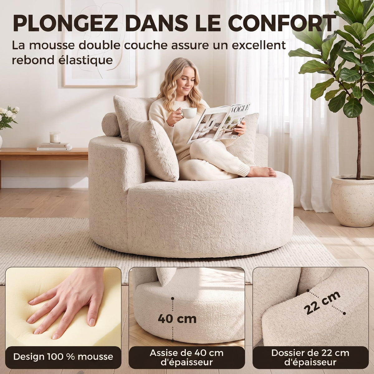 Pouf-canapé rond en chenille crème – 130 cm