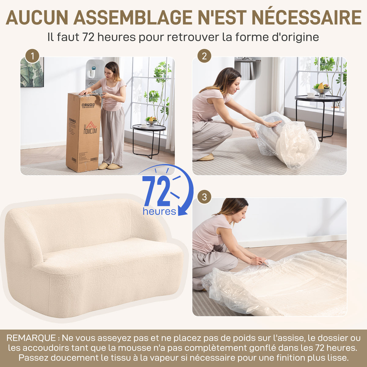 Canapé 2 places en bouclette beige – 142 cm
