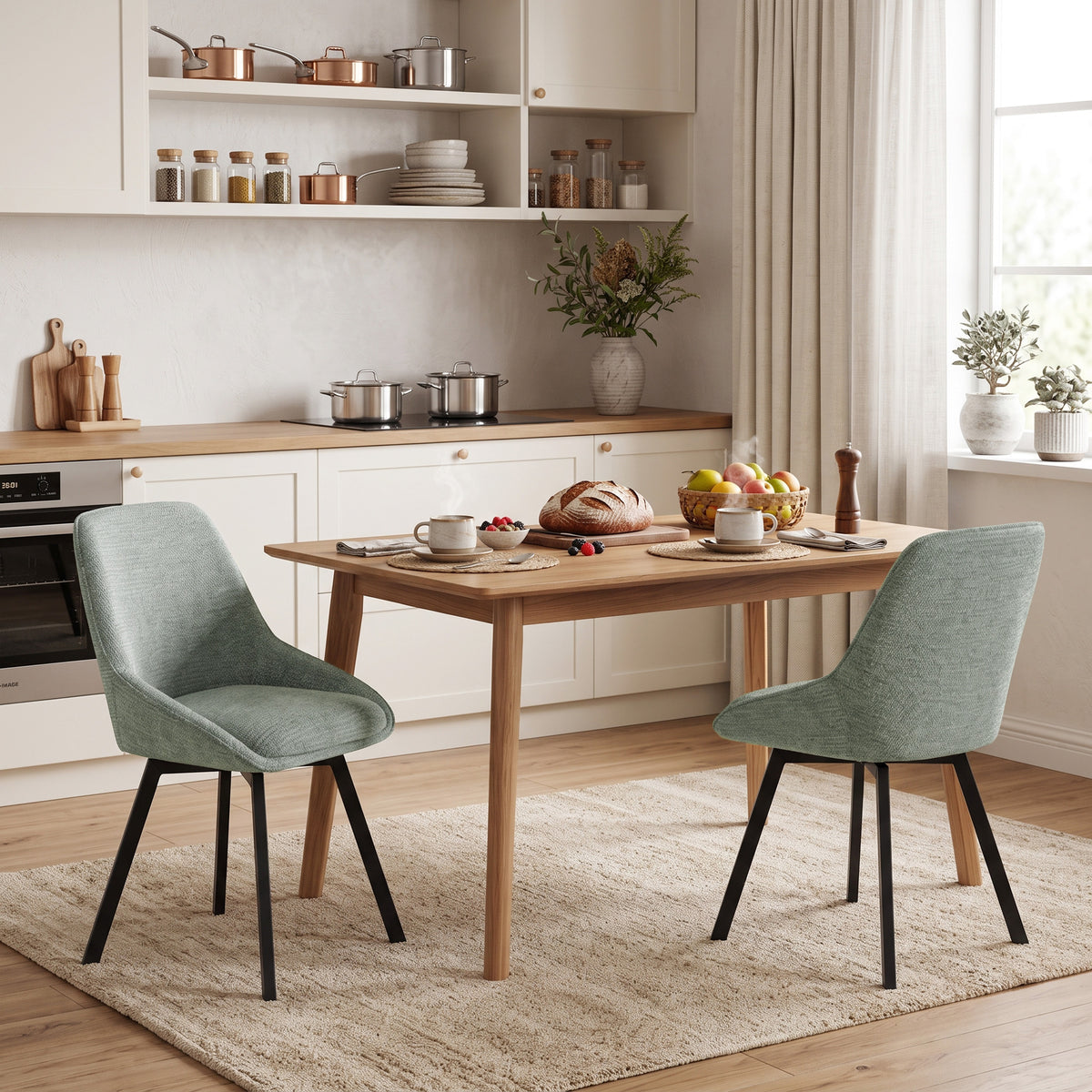 Lot de 2 Chaises de Salle à Manger Pivotantes à 360°, Chaises Cuisine Rembourrée en Chenille, Dossier Incurvé, Vert