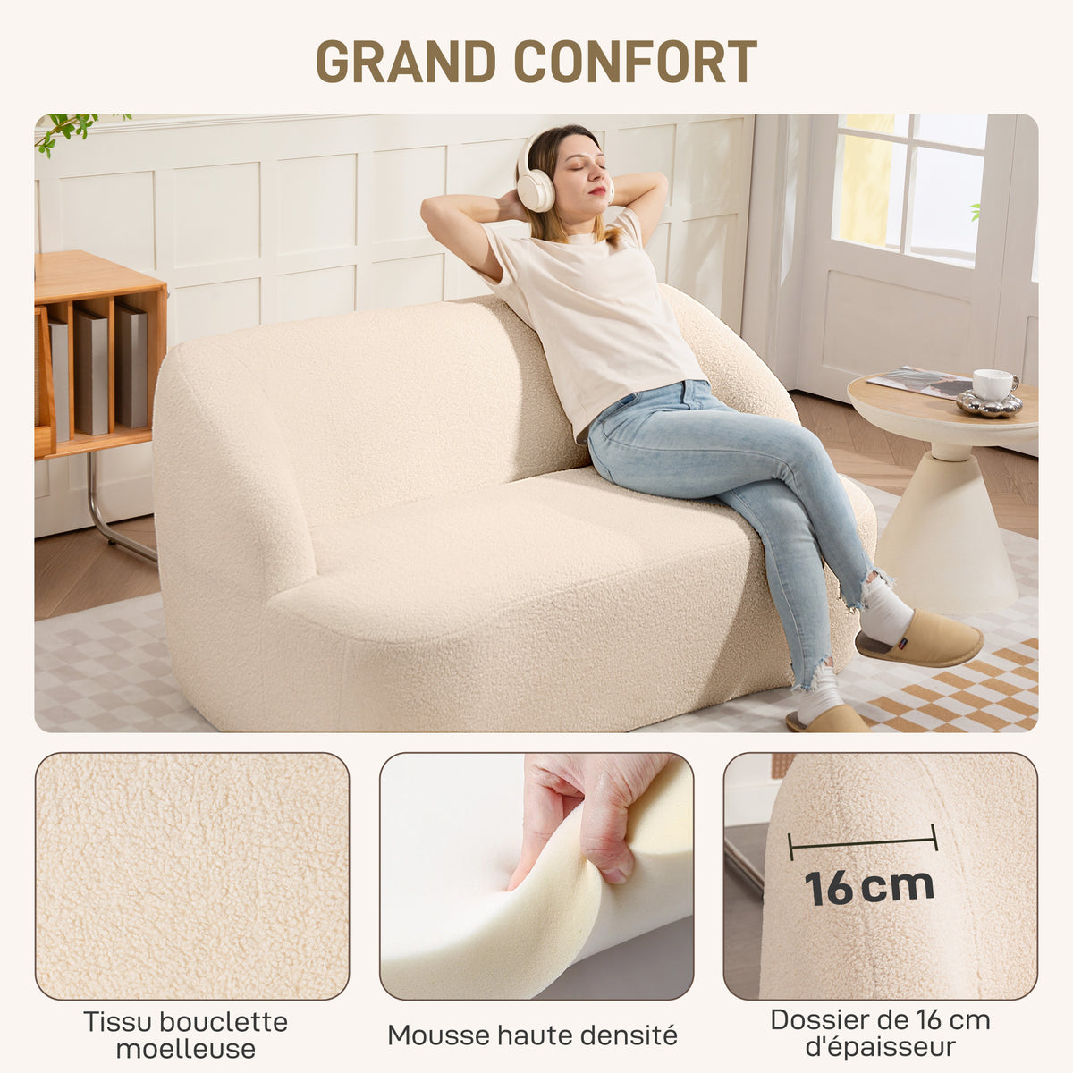 Canapé 2 places en bouclette beige – 142 cm