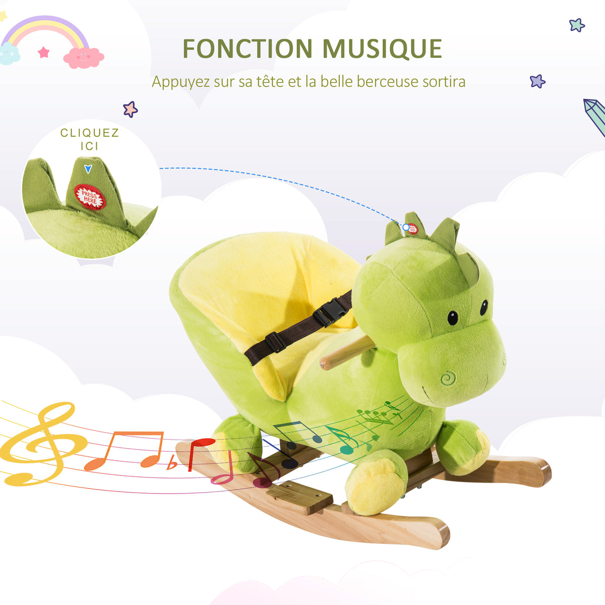 Jouet à Bascule Dinosaure Ceinture de sécurité Effet sonore 32 chansons pour enfants de 18+ Mois Bois Peluche Verte