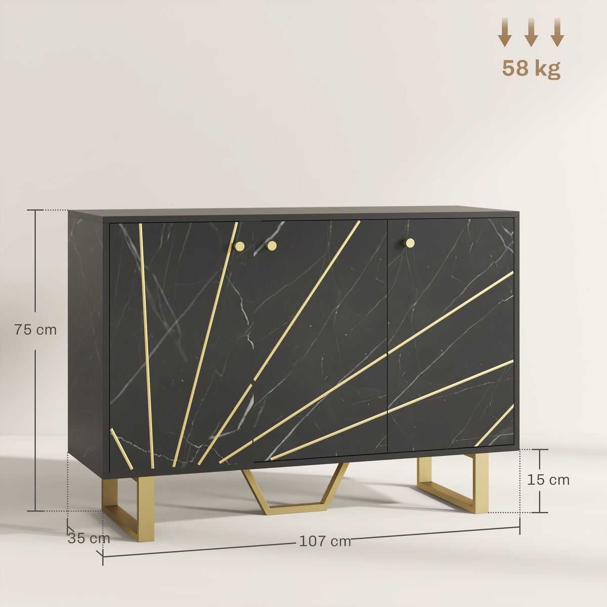 Meuble de rangement buffet salon avec 2 placards 3 portes et étagère réglable, pieds en métal, aspect marbre noir