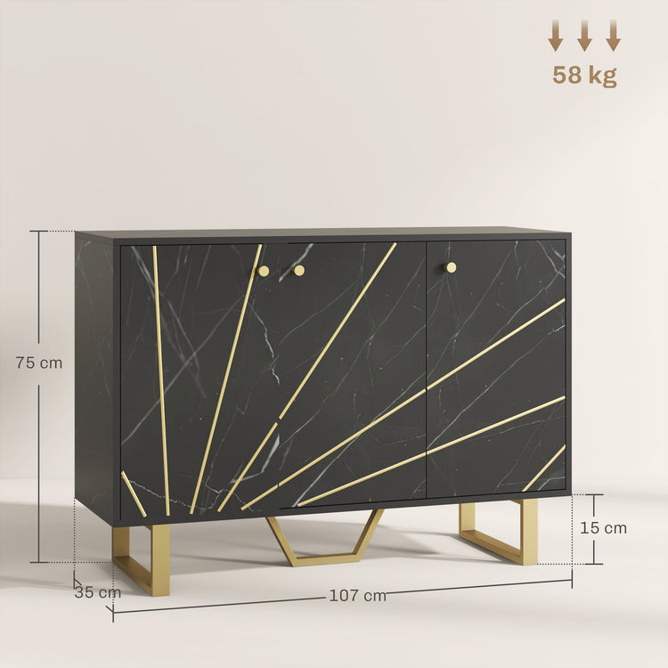 Meuble de rangement buffet salon avec 2 placards 3 portes et étagère réglable, pieds en métal, aspect marbre noir